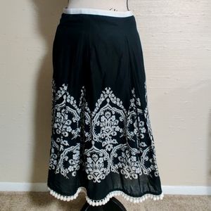 Ann Taylor Loft Damask Black &white 100% cotton fall A-line midi Skirt tassels_4
